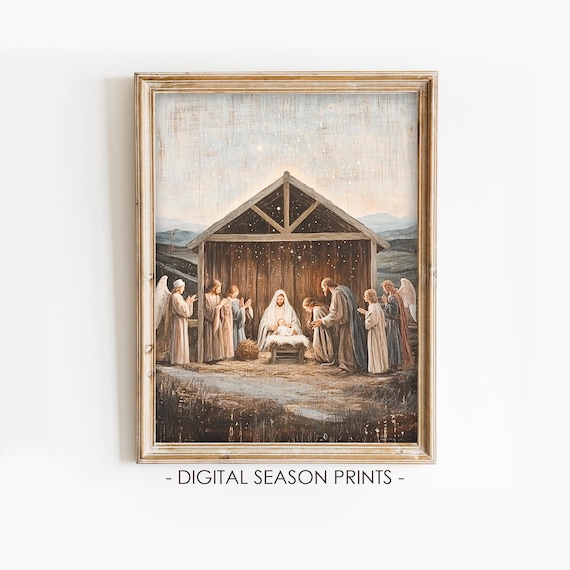 Vintage Nativity Scene Painting Baby Jesus in Wooden Manger Poster