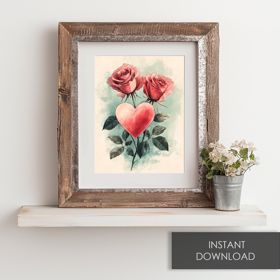 Pink Roses With Red Heart Watercolor Romantic Valentines Day Print - Image 6