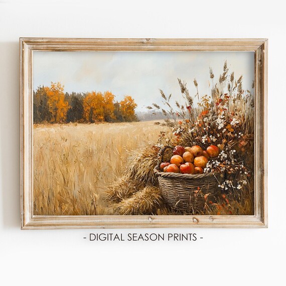 Autumn Harvest Basket Of Apples In Golden Wheat Field Poster
