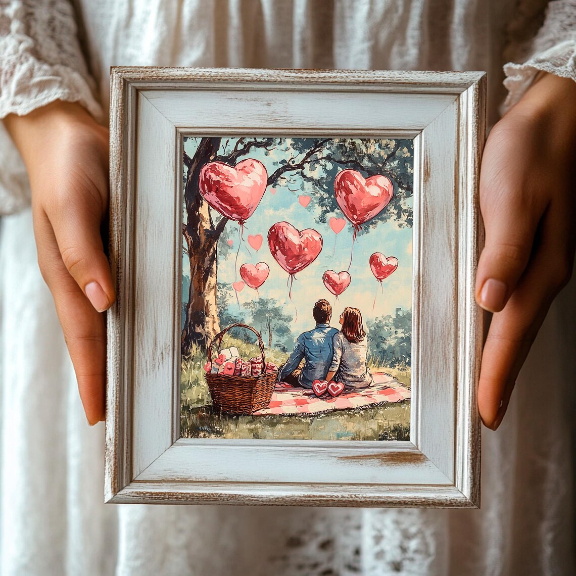Romantic Couple Picnic Heart Balloons Valentine Day Painting Poster - Image 3