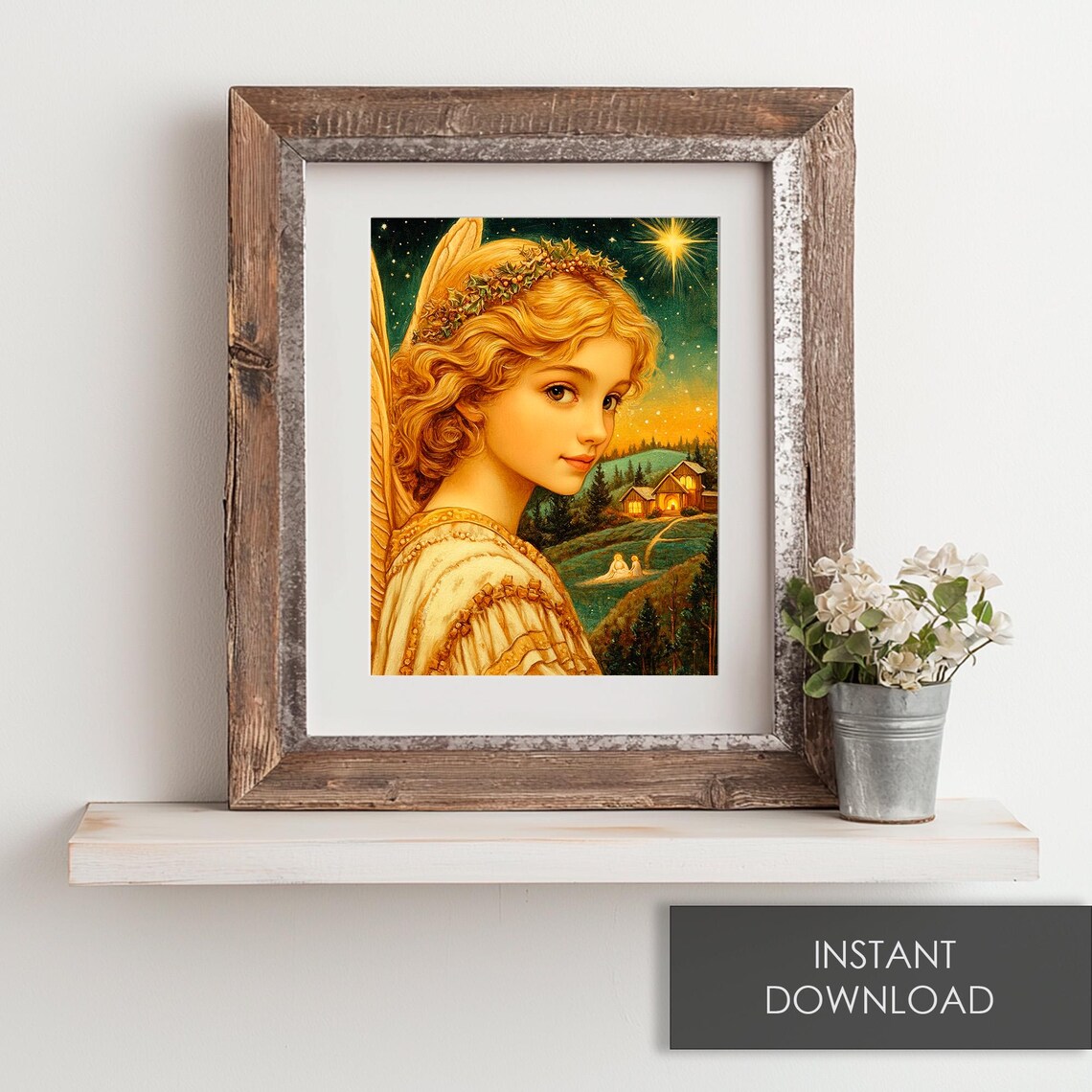 Golden Christmas Angel With Holly Crown Under A Starry Sky Poster - Image 6