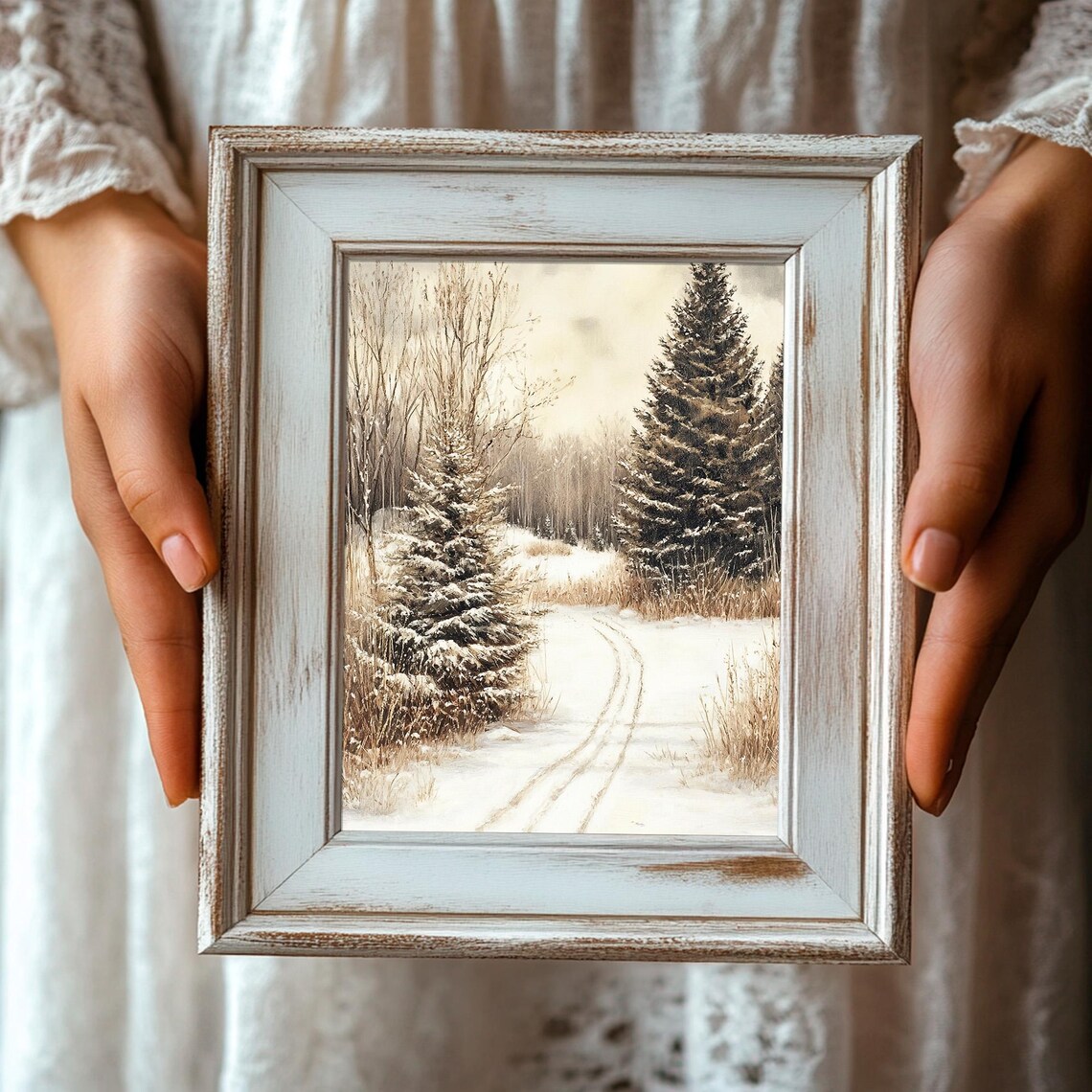 Snowy Trail Pines Winter Grasses Quiet Landscape Art Scene Poster - Image 3