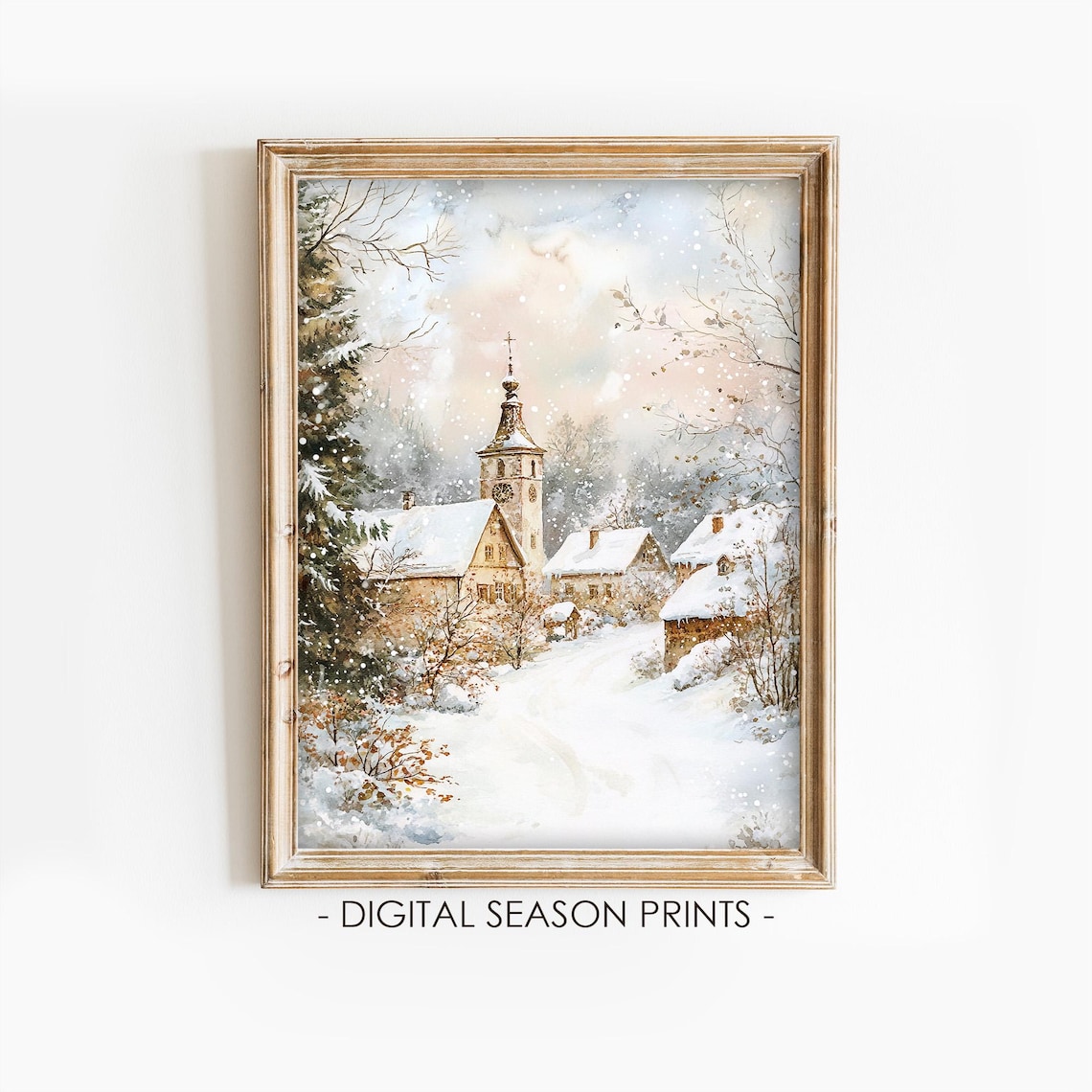 Snowy Village Watercolor With Church Tower In Soft Falling Snow Poster