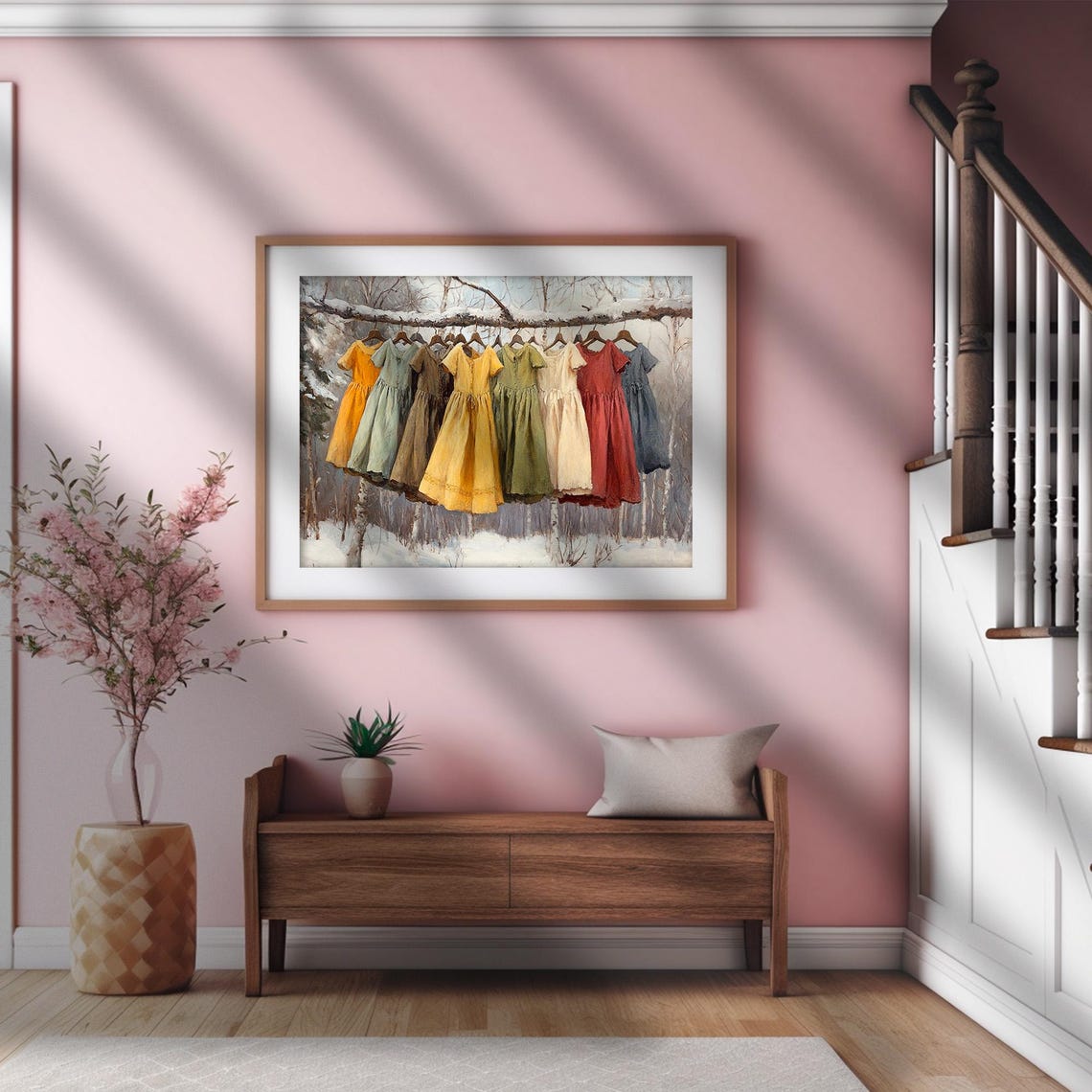 Colorful Dresses Hanging on a Snowy Winter Branch Rustic Art Poster - Image 2