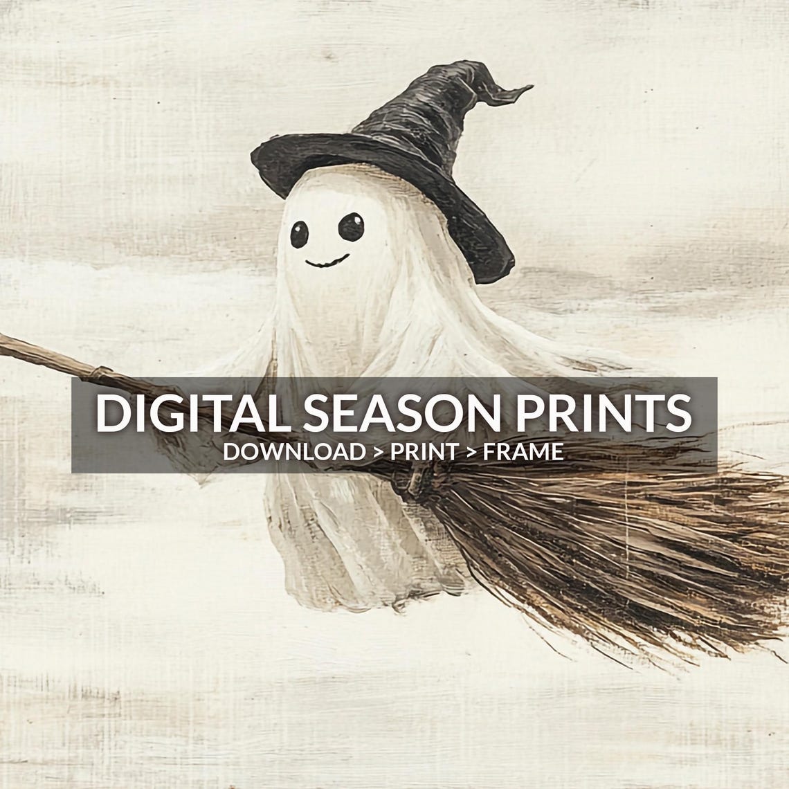 Cute Ghost in a Witch Hat Flying on a Broom Vintage Halloween Poster - Image 6