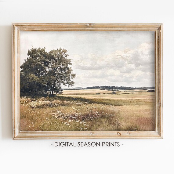 Open Meadow Wildflowers Big Trees Cloudy Sky Rustic Summer Field Poster