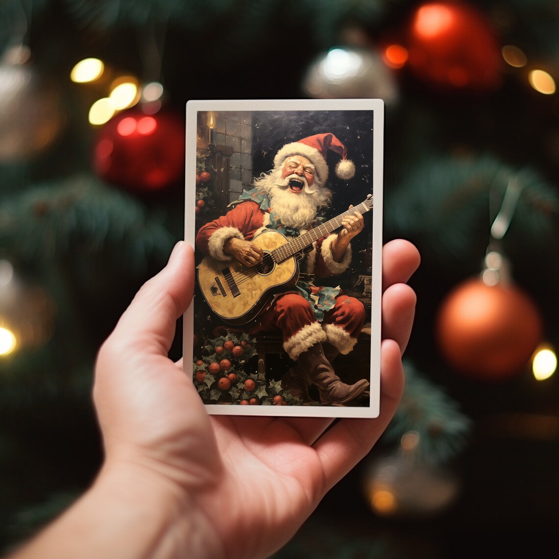 Santa Claus Playing Guitar Laughing Holly Christmas Music Print - Image 3