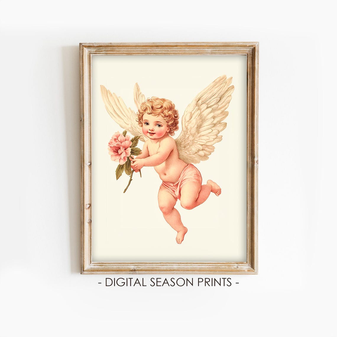 Cupid Cherub Holding Pink Flower Vintage Valentines Day Print