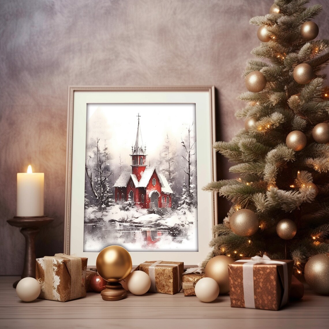 Red Church Steeple Snowy Woods Winter Chapel Scene Holiday Wall Art - Image 4