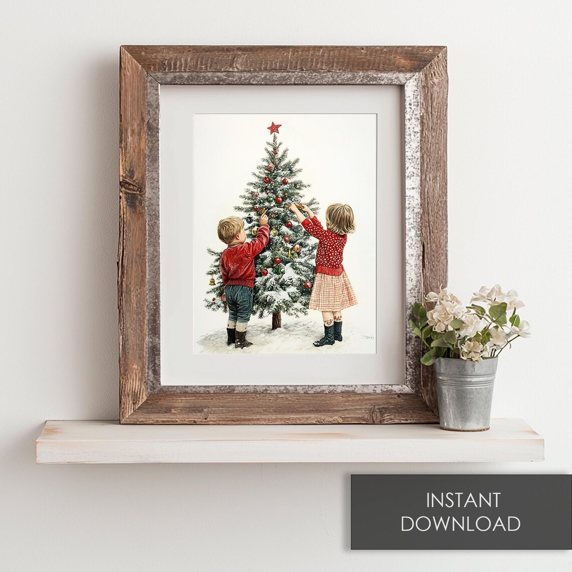 Vintage Children Decorating Christmas Tree Snowy Holiday Scene Print - Image 6