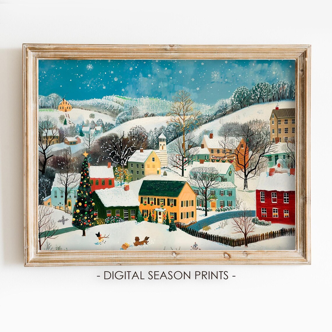 Colorful Folk Art Village Night Christmas Tree Snowy Naive Art Print