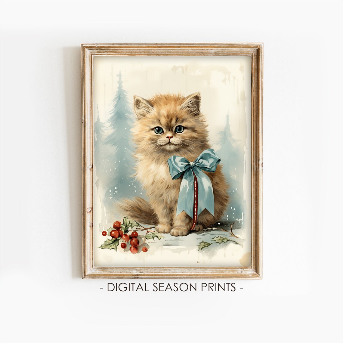 Fluffy Ginger Kitten Blue Bow Holly Berries Christmas Cat Art Poster