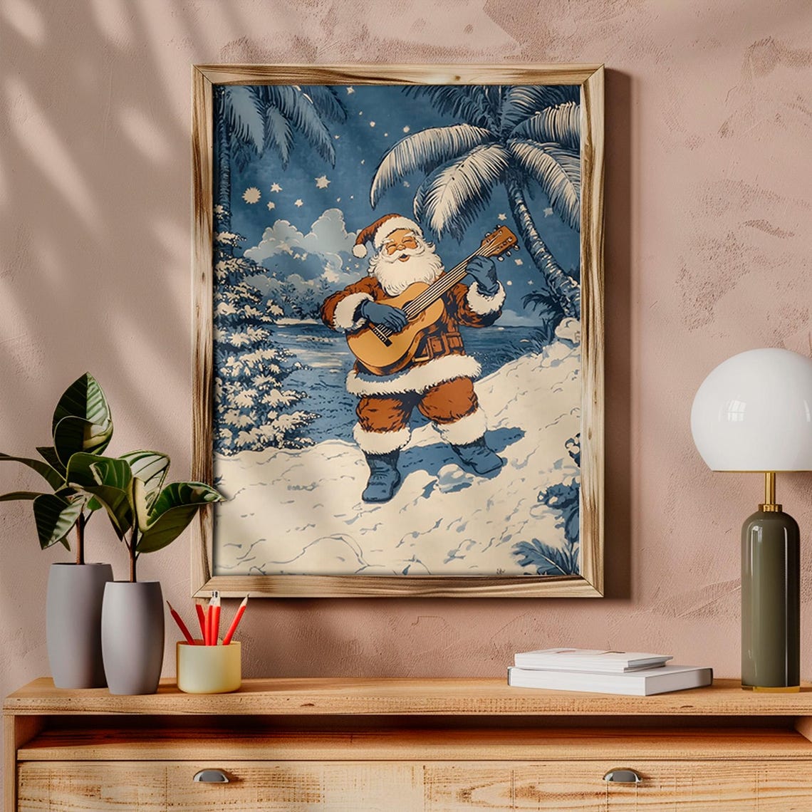Santa Claus Playing Guitar Under Palm Trees Tropical Night Poster - Image 6