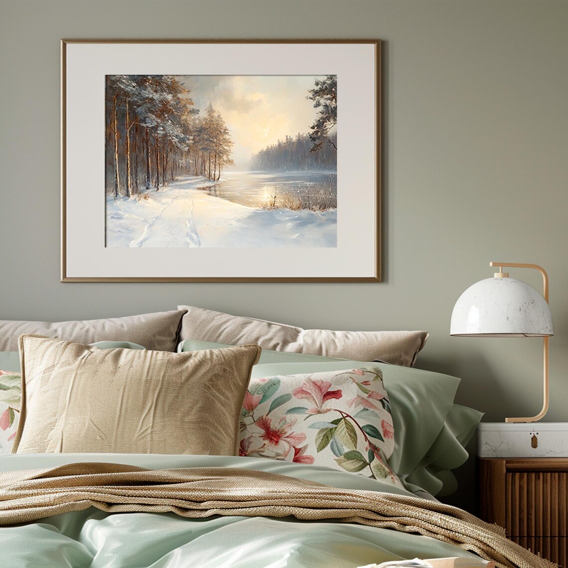 Snowy Winter Forest Pond Landscape Sunrise Oil Painting Wall Art - Image 3
