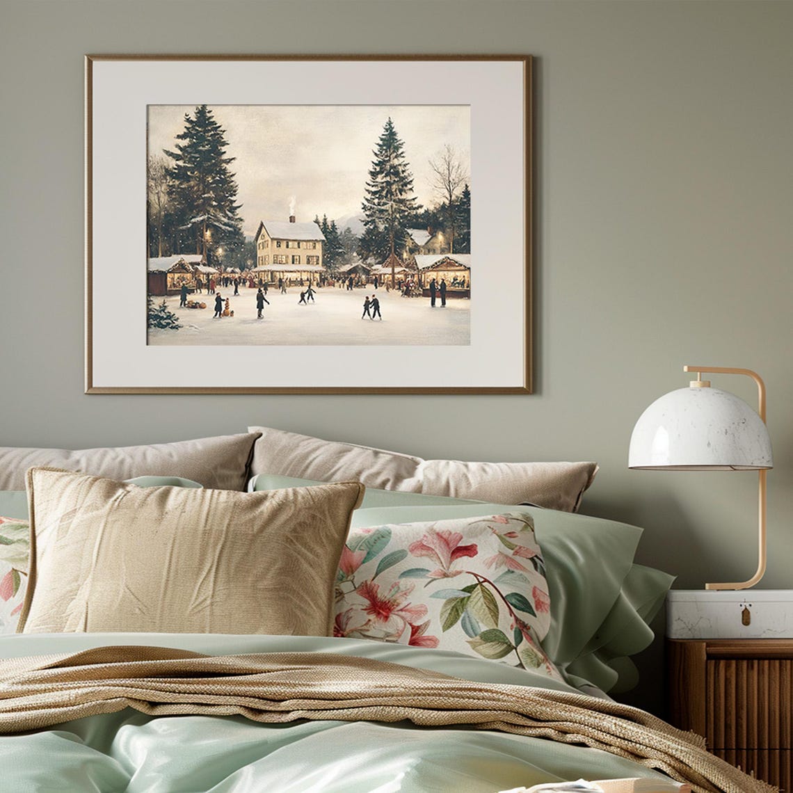 Vintage Ice Skating Print Winter City Town Wall Art Wonderland Village Painting Snowy Village Landscape - Image 3
