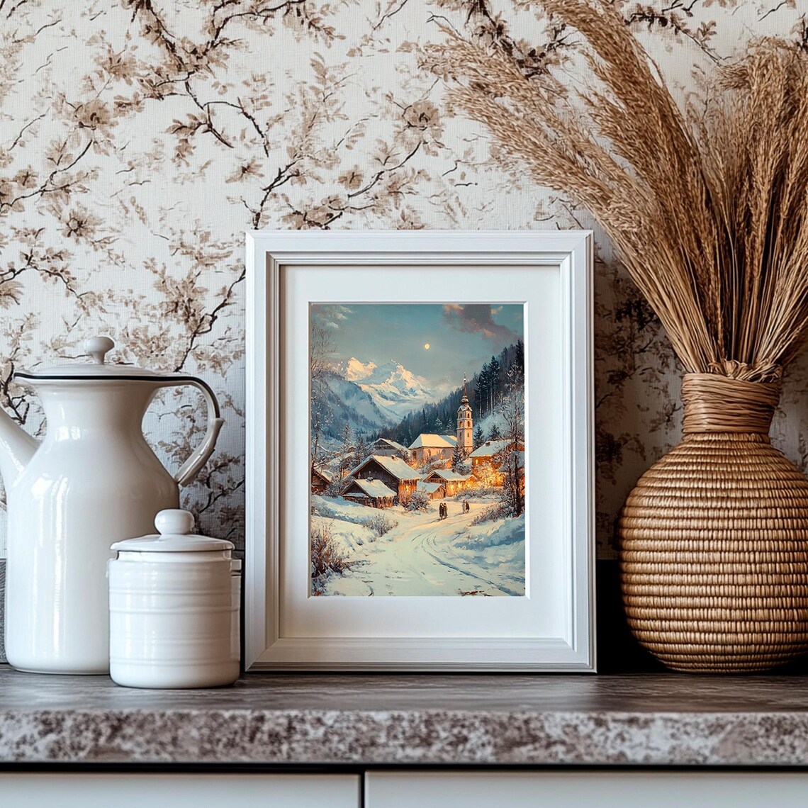 Silent Night Snowy Mountain Village With Church Under Moon Poster - Image 4