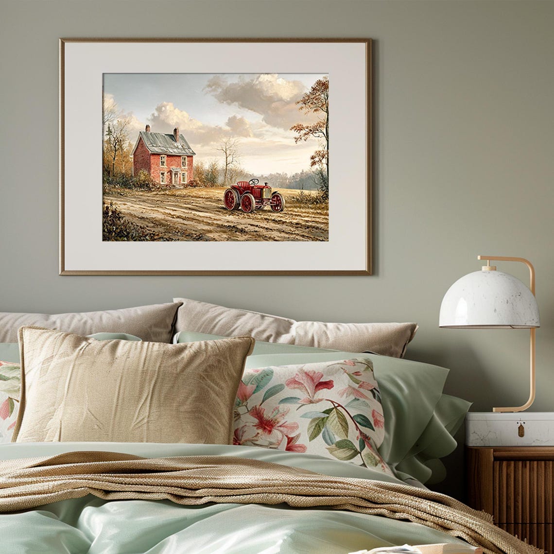 Vintage Red Tractor by Brick Farmhouse Field Country Farm Poster - Image 3