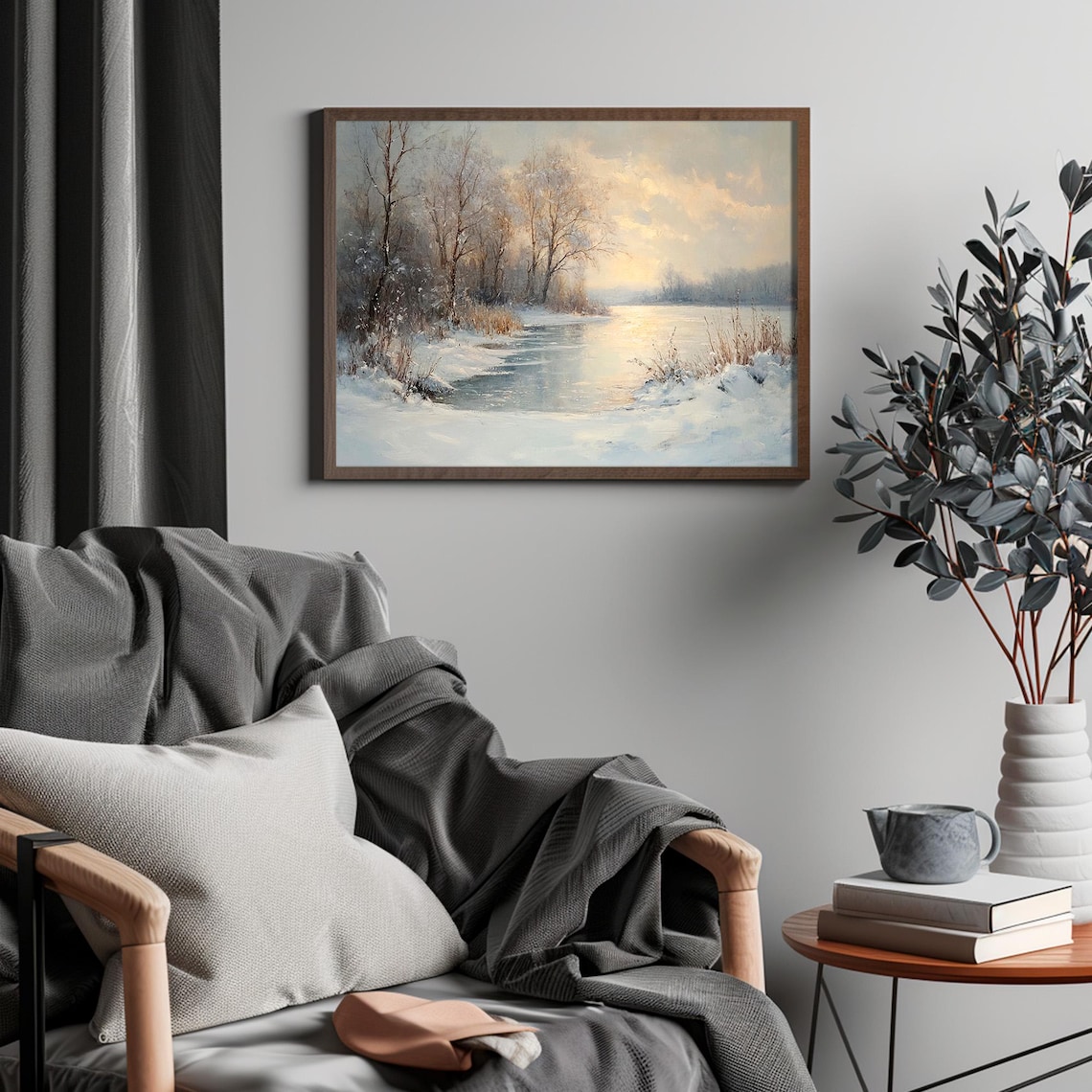 Golden Sunset Over Snowy Forest Pond Winter Landscape Painting Poster - Image 4