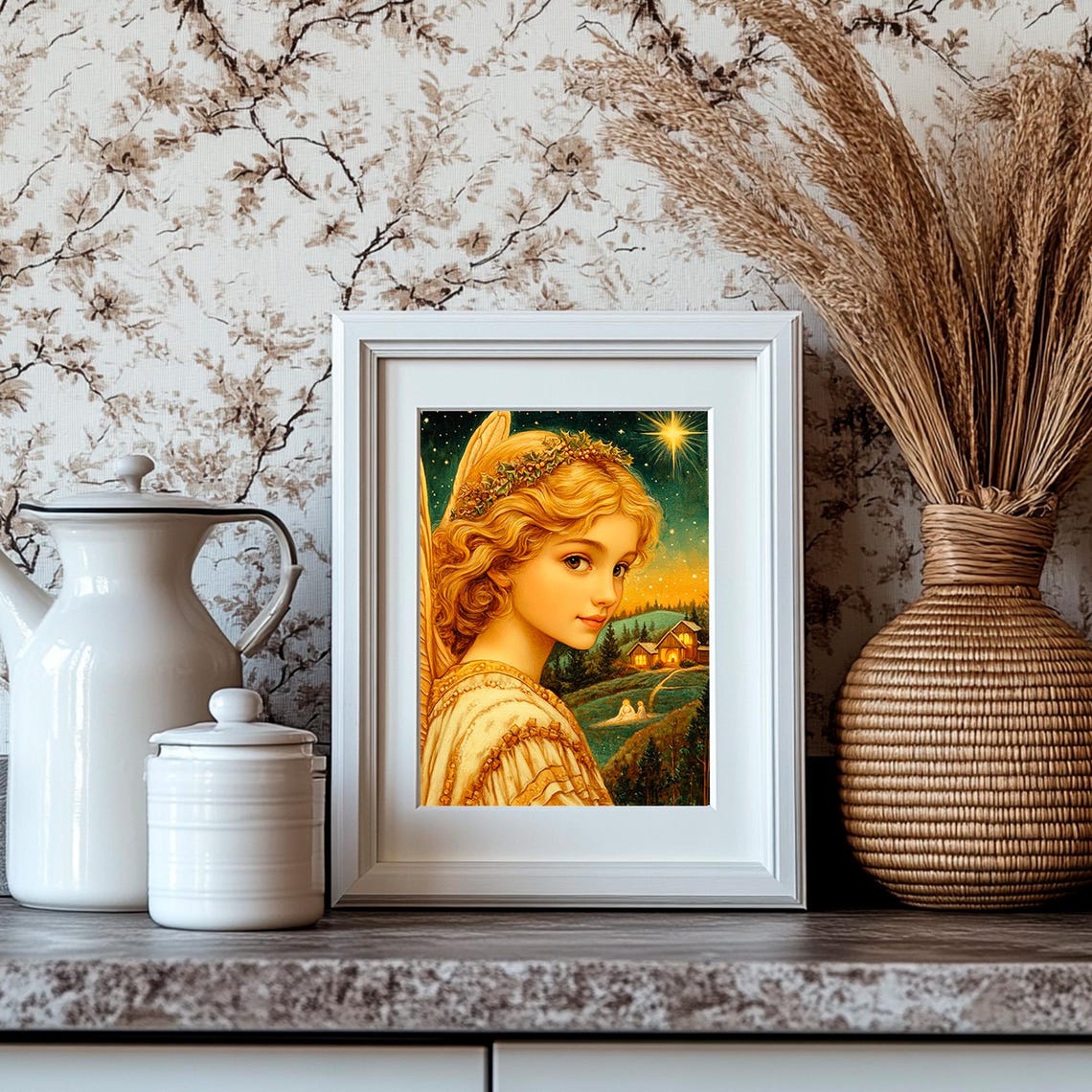 Golden Christmas Angel With Holly Crown Under A Starry Sky Poster - Image 4