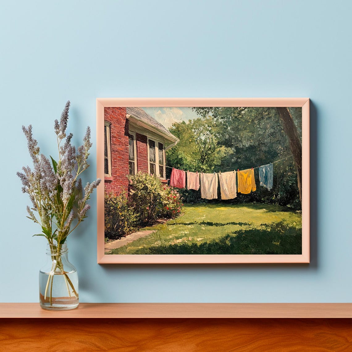Sunny Clothesline With Laundry Behind A Brick Farmhouse Garden Poster - Image 4