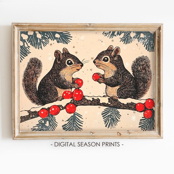 Two Squirrels Red Berries Snowy Branch Vintage Christmas Art Print