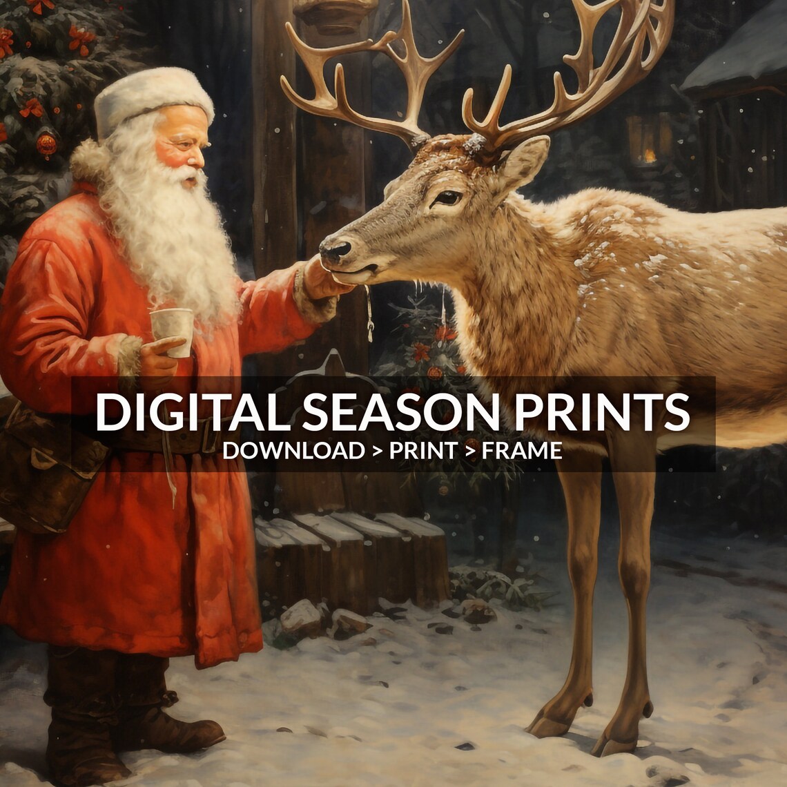 Santa Claus Feeding A Reindeer On A Snowy Night Scene Poster - Image 6