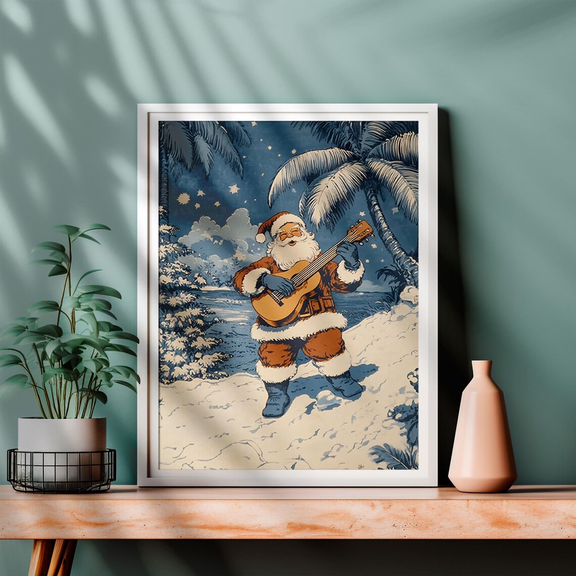 Santa Claus Playing Guitar Under Palm Trees Tropical Night Poster - Image 4