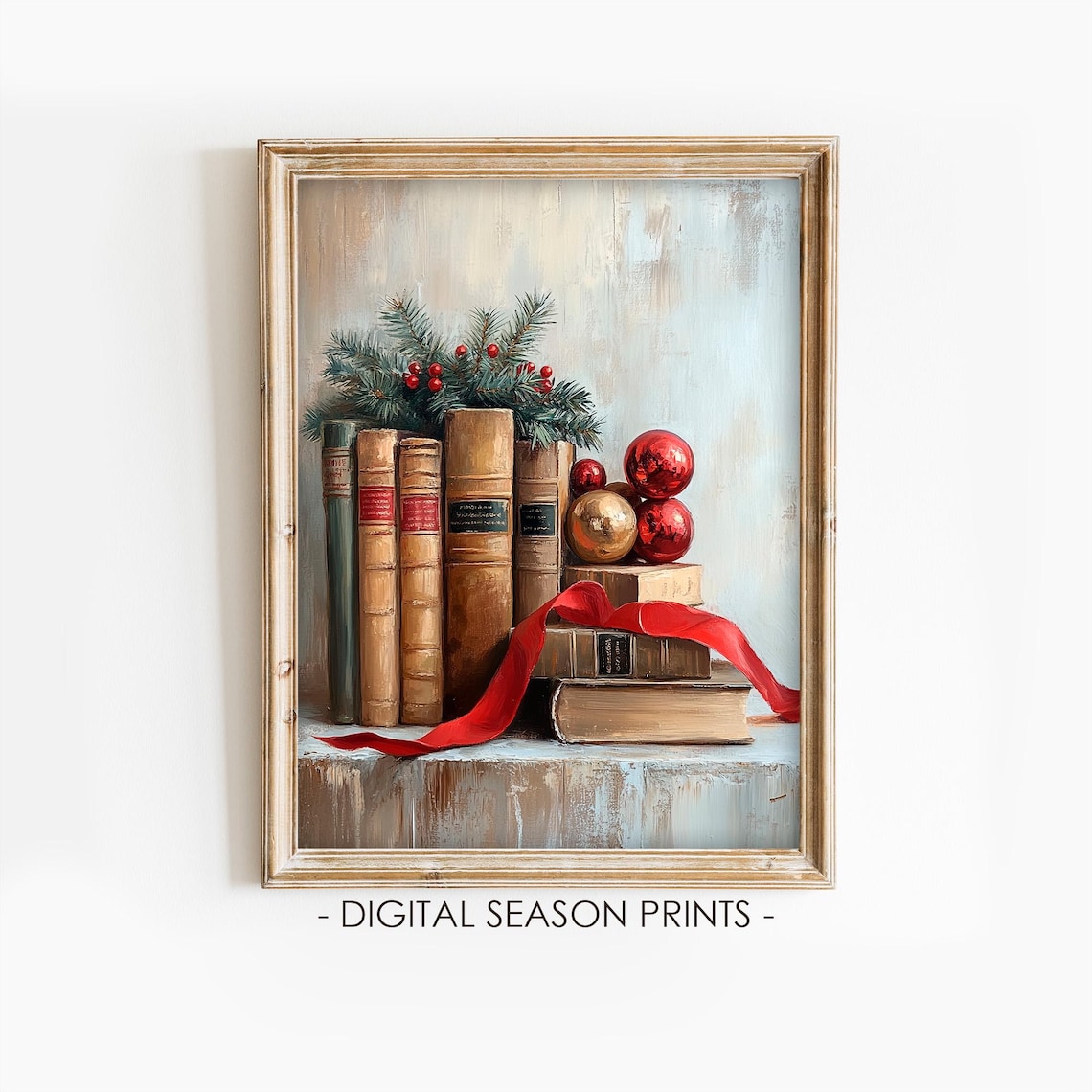 Vintage Christmas Books With Red Ornaments And Pine Decor Poster