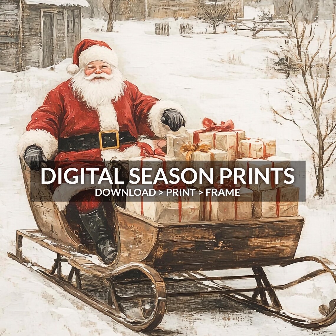 Santa Claus On A Gift Loaded Sleigh In A Snowy Village Poster - Image 6