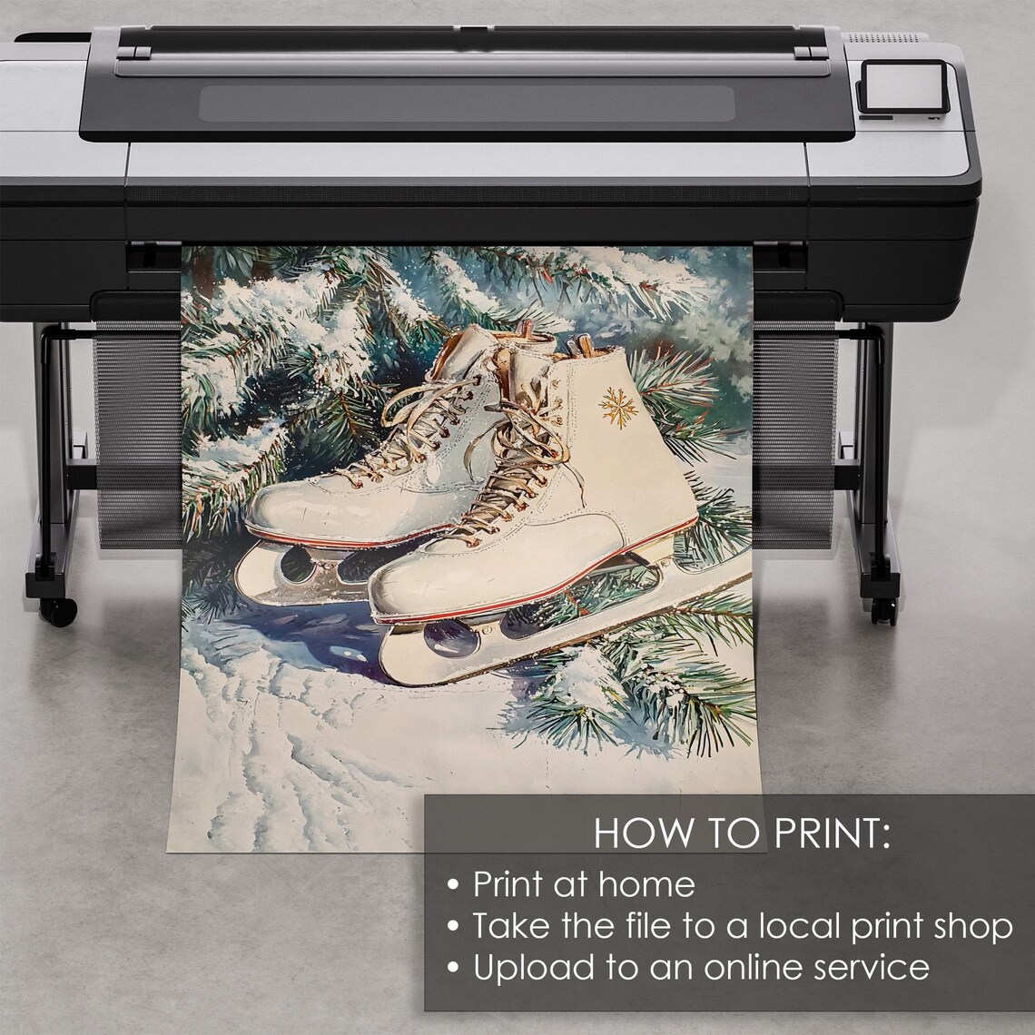Vintage White Ice Skates On Snowy Pine Branches Holiday Painting Print - Image 5