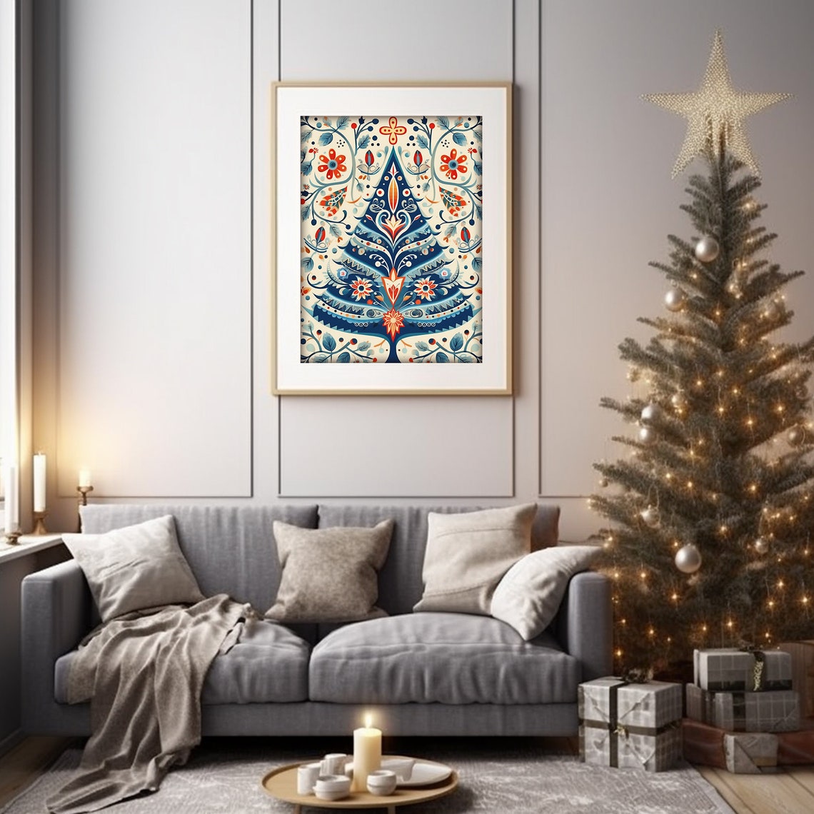 Scandinavian Folk Art Christmas Tree Blue Floral Nordic Style Print - Image 5
