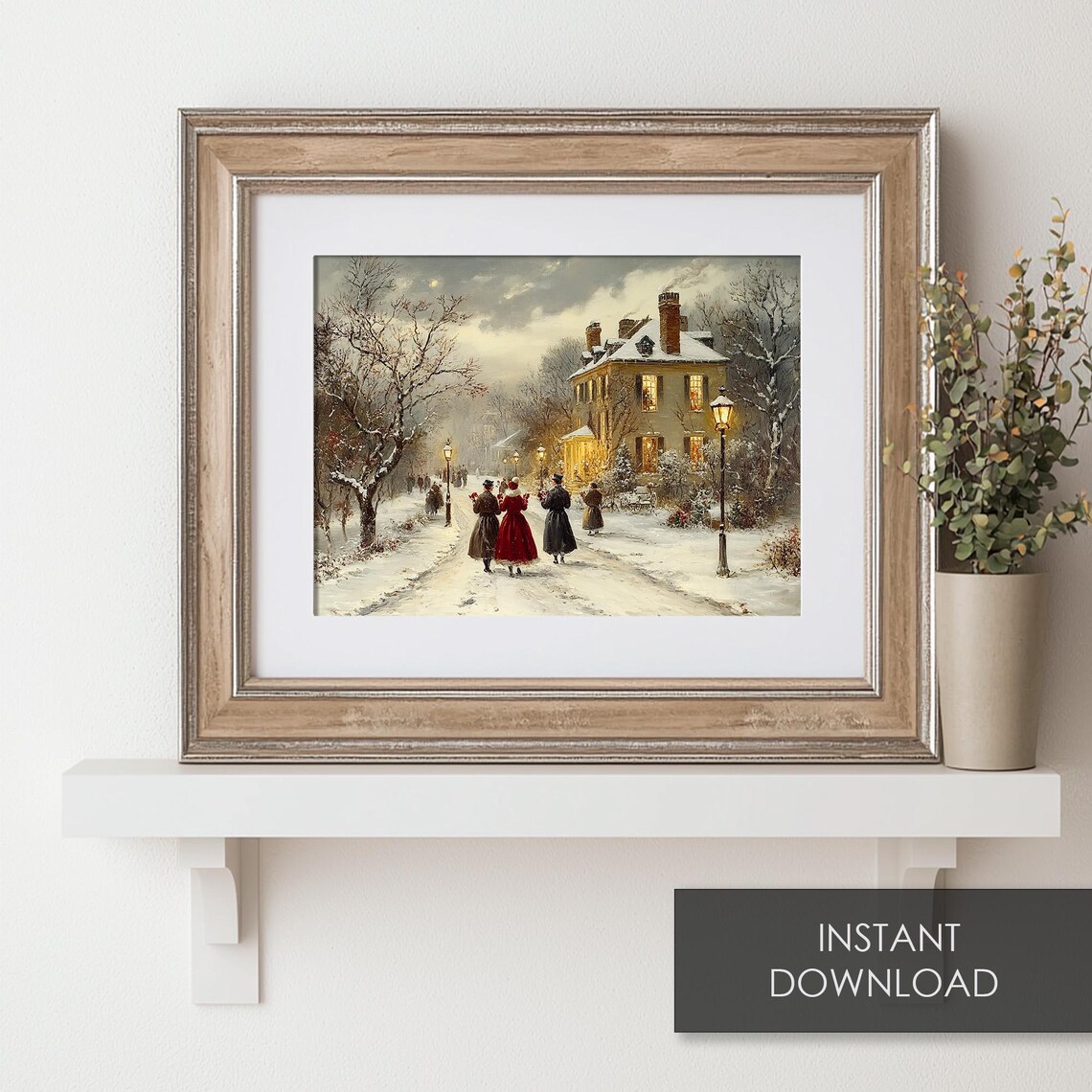 Victorian Christmas Carolers on Snowy Lamp Lit Street Poster - Image 6