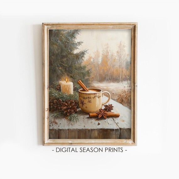 Cozy Winter Hot Cocoa with Candles and Pinecones Still Life Print