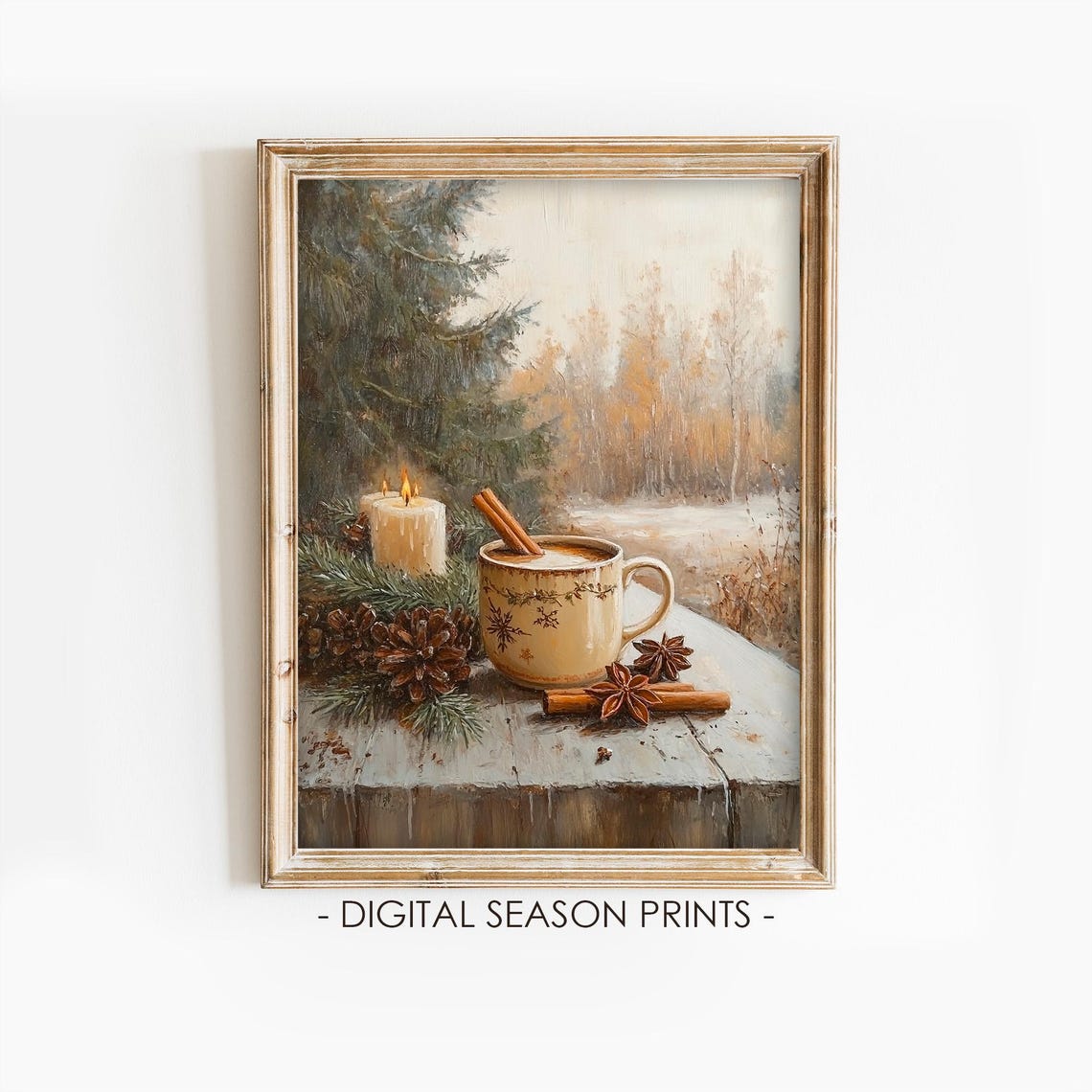 Cozy Winter Hot Cocoa with Candles and Pinecones Still Life Print