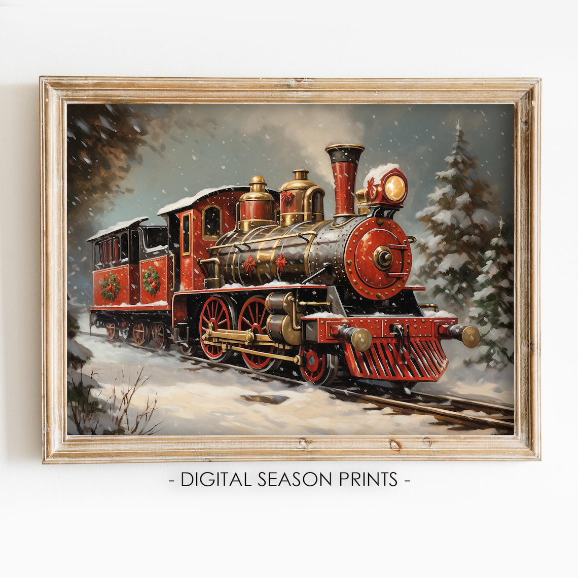 Red Vintage Steam Train with Wreaths Snowy Christmas Painting Poster
