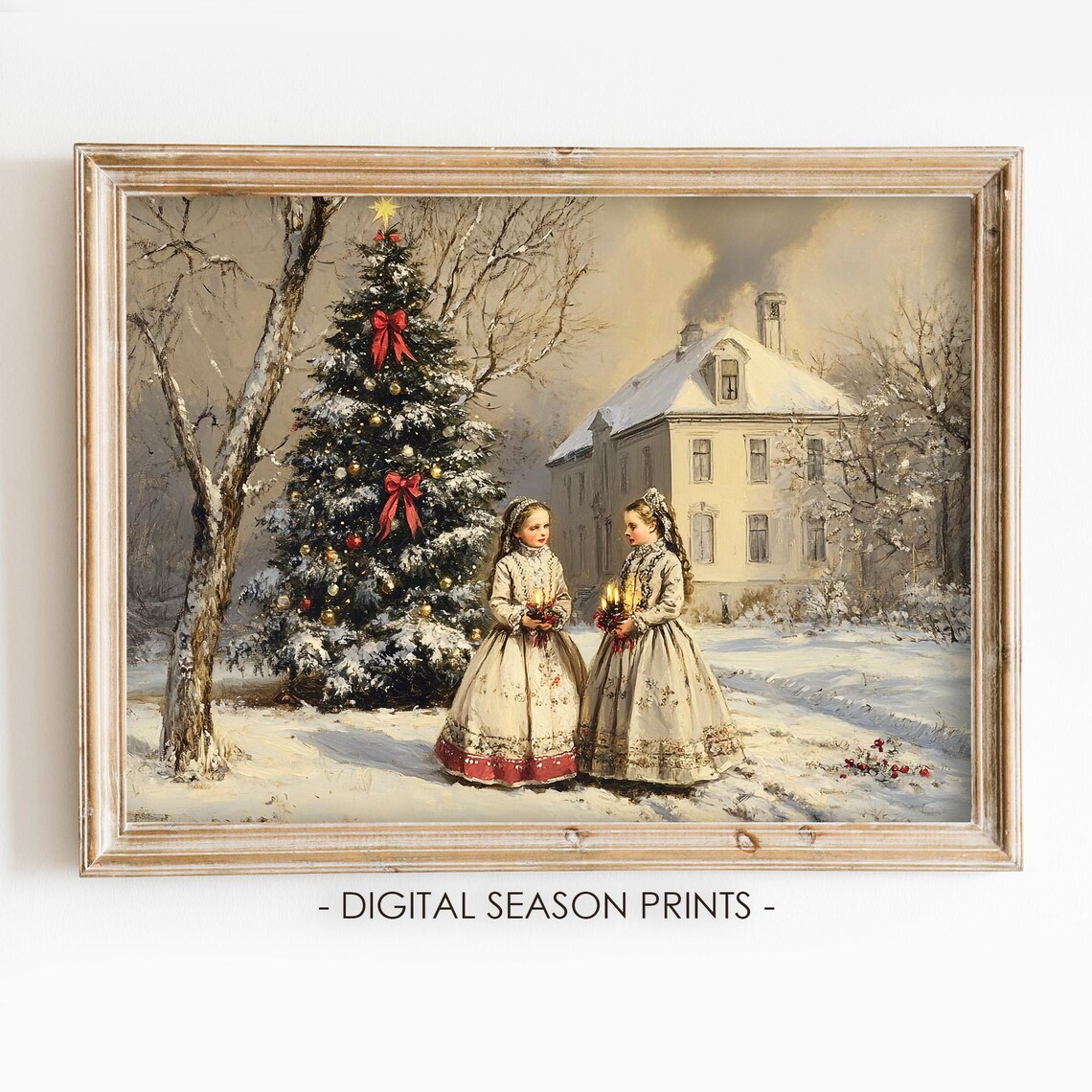 Victorian Christmas Carolers Girls With Candles By Snowy Tree Poster