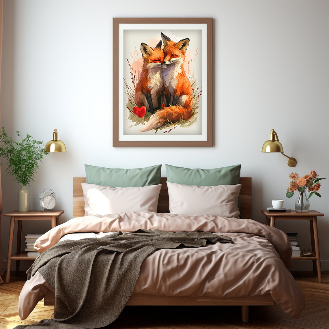 Two Foxes Nuzzling with a Red Heart Valentines Day Watercolor Poster - Image 4