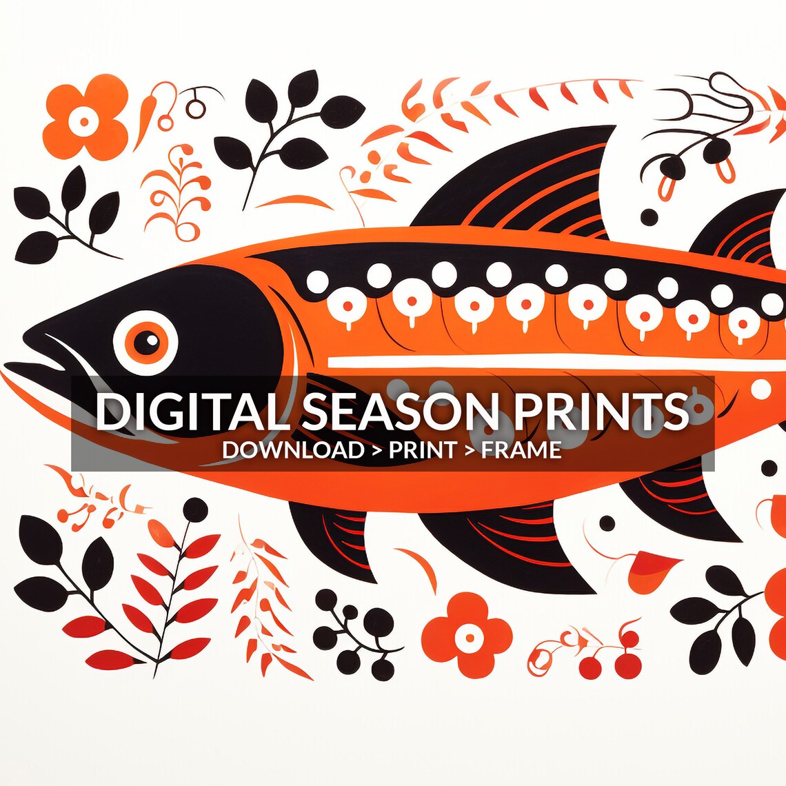 Scandinavian Folk Art Salmon Fish Orange Black Floral Wall Art - Image 6