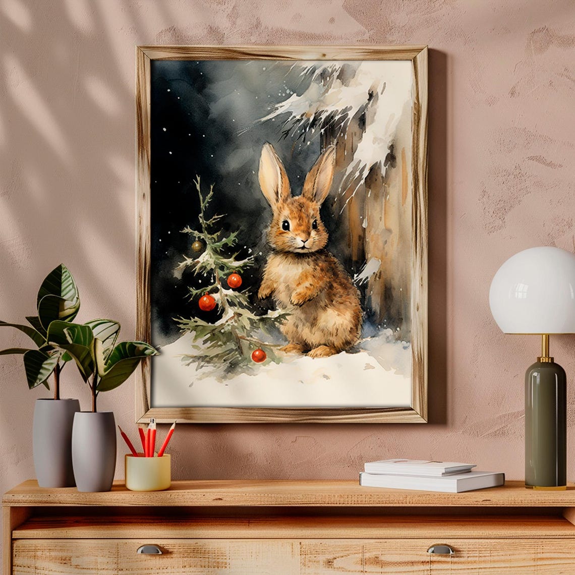 Vintage Christmas Bunny Snowy Night Small Tree Ornaments Poster - Image 5
