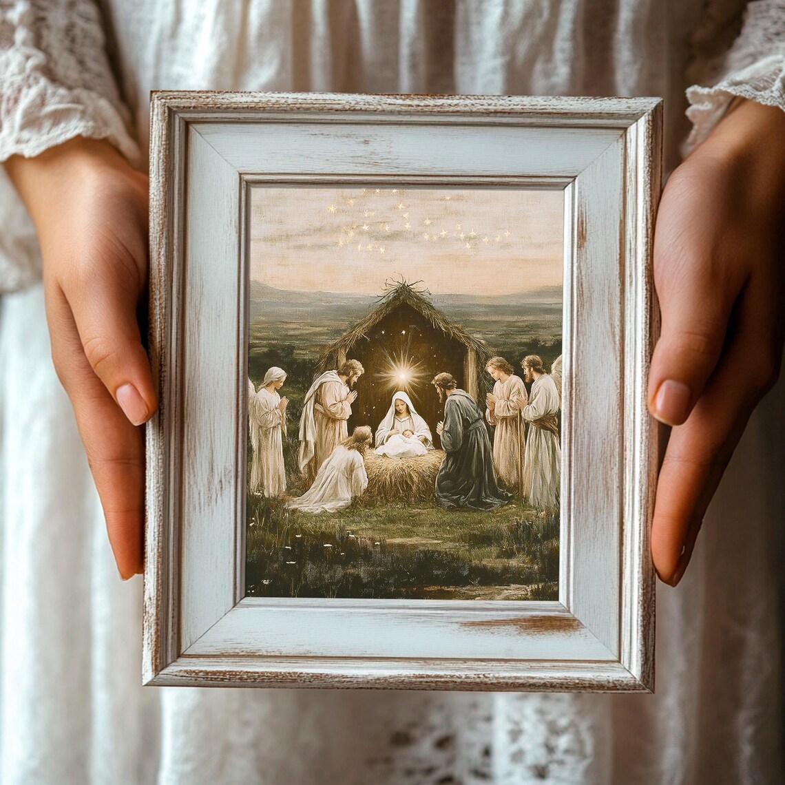 Vintage Nativity Scene Starry Night Oil Painting Christmas Art Print - Image 3