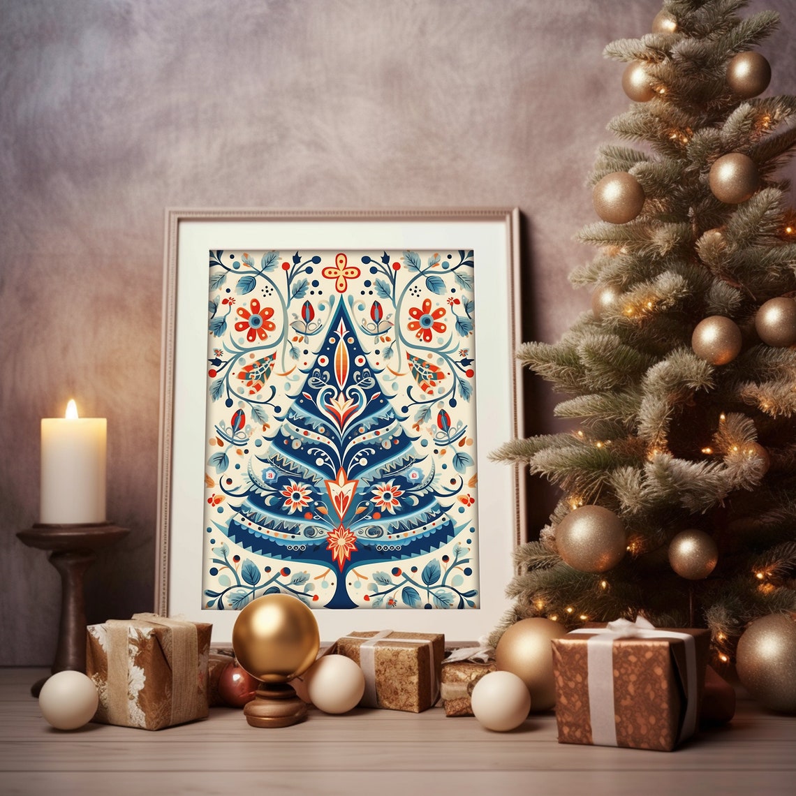Scandinavian Folk Art Christmas Tree Blue Floral Nordic Style Print - Image 2