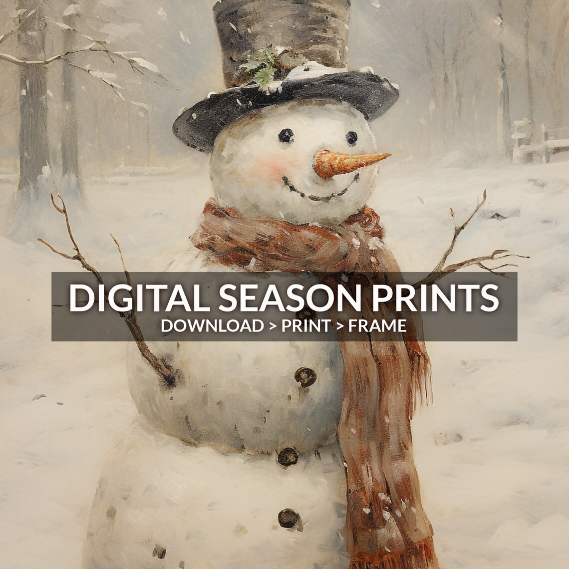 Cheerful Vintage Snowman in Top Hat and Scarf in Snowy Woods Print - Image 6