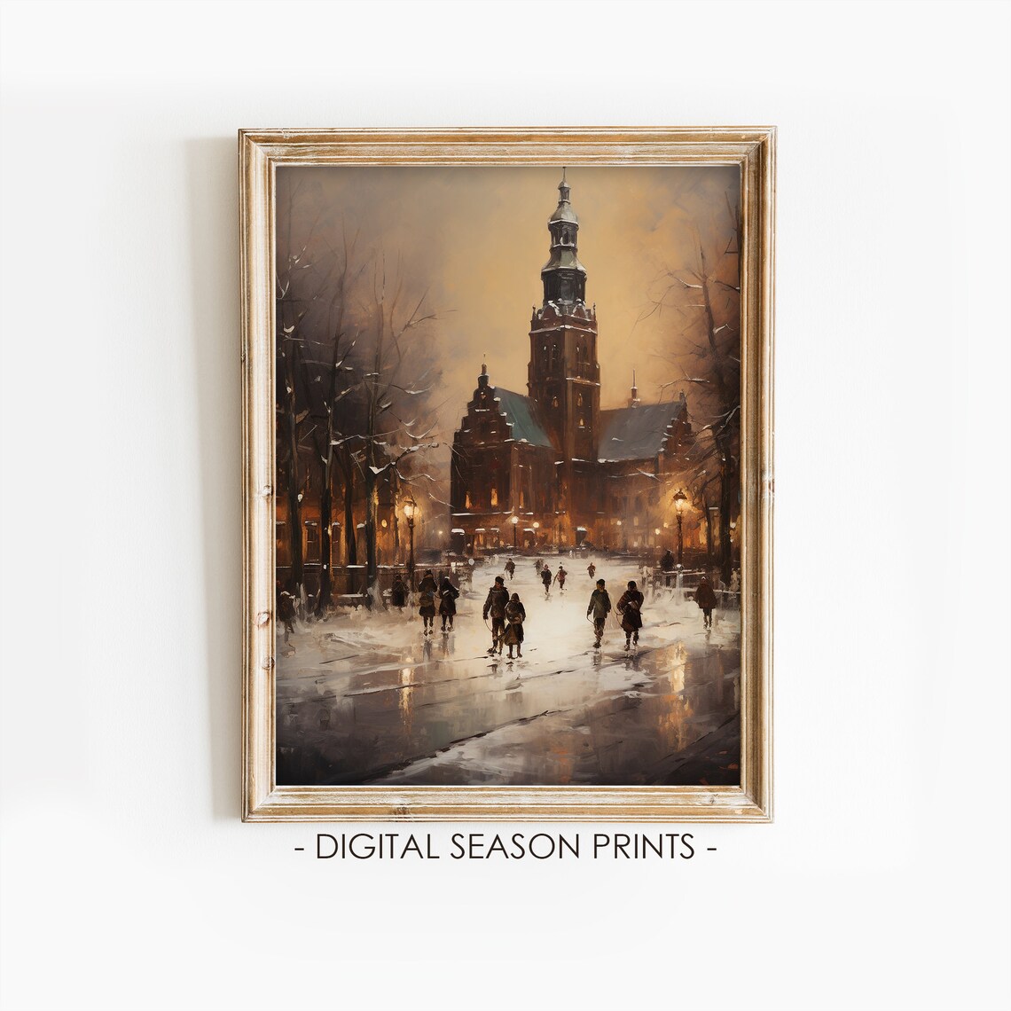 Snowy Old Church Town Square Winter Evening Oil Painting Wall Art