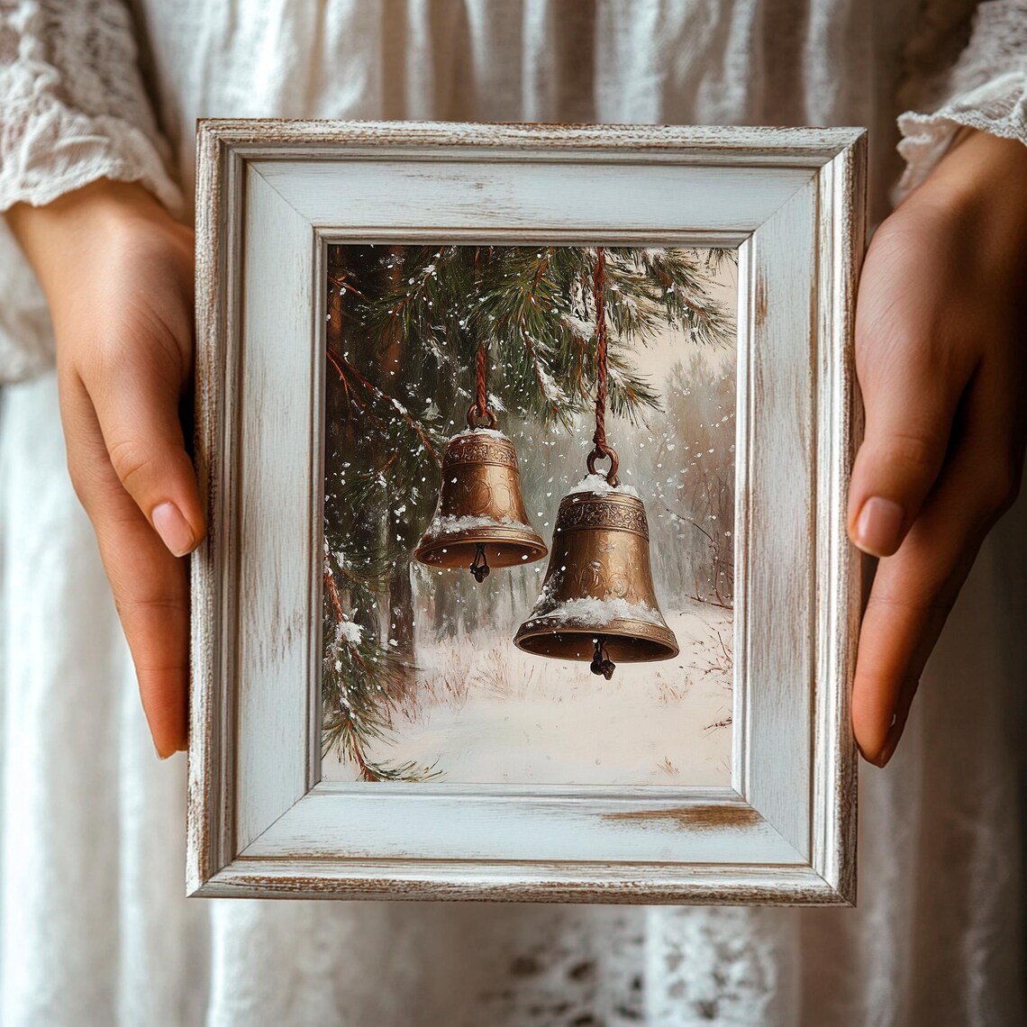 Bronze Church Bells Snowy Pine Branch Vintage Christmas Winter Poster - Image 3
