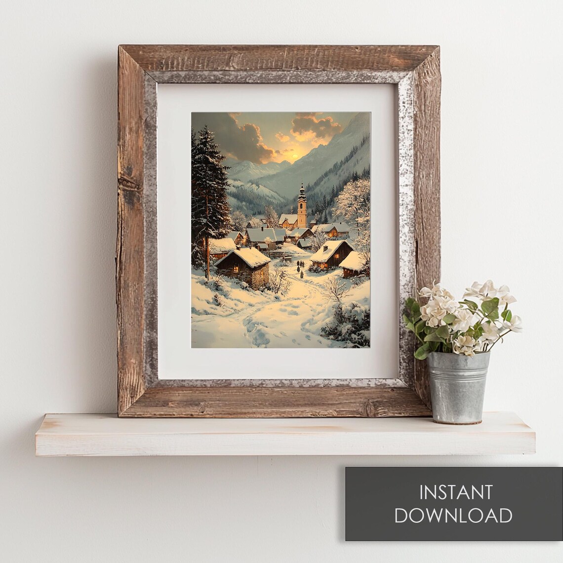 Silent Night Snowy Alpine Village Church Winter Evening Poster - Image 6