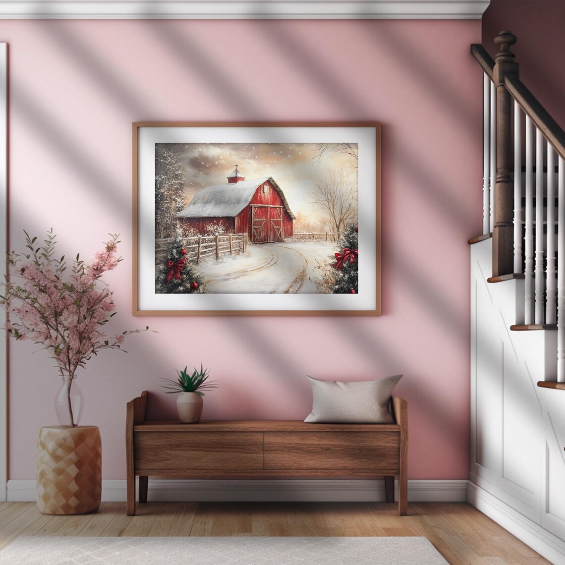 Red Barn Snowy Christmas Trees Red Bows Farmhouse Winter Art Print - Image 2