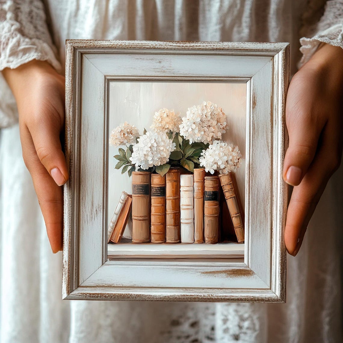 Vintage Books with White Hydrangeas Rustic Shelf Painting Poster - Image 3