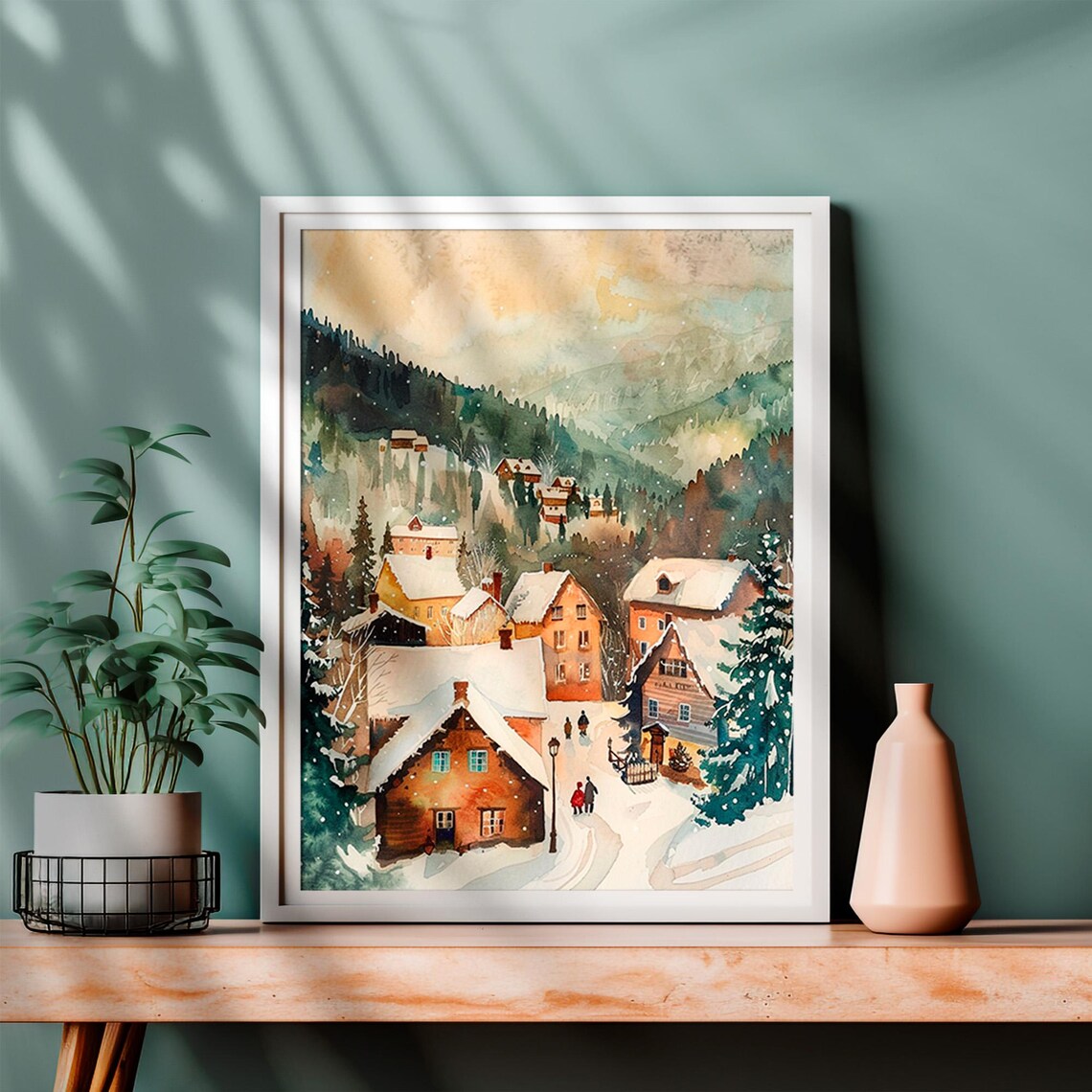 Snowy Christmas Village Watercolor Warm Houses Holiday Wall Art - Image 6
