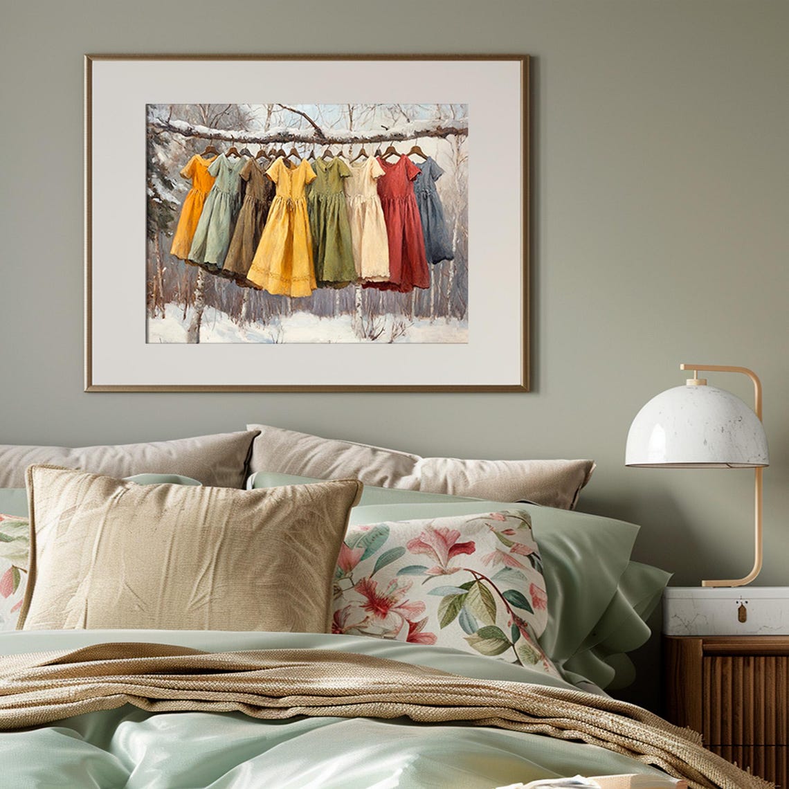 Colorful Dresses Hanging on a Snowy Winter Branch Rustic Art Poster - Image 4