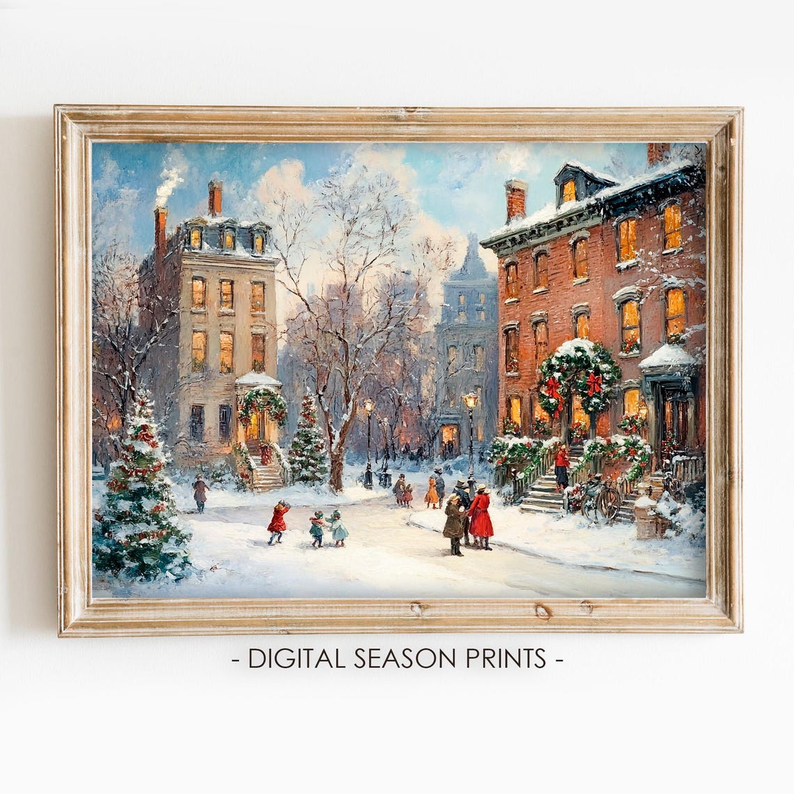 Victorian Christmas Street Snowy Brownstone Holiday Art Poster